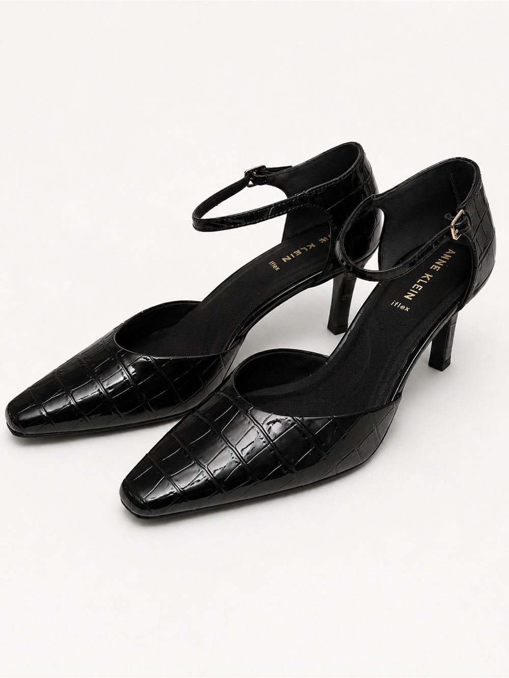 Anne Klein Black Croc-Embossed Pointed-Toe Ankle-Strap Heels